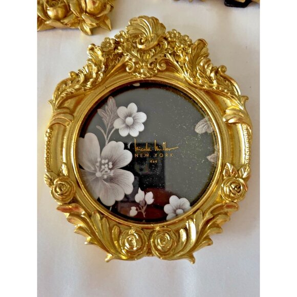 Nicole Miller NY Roses & Feathers Mini Frame 4 x 4 Round Photo Gold Baroque - Picture 7 of 8